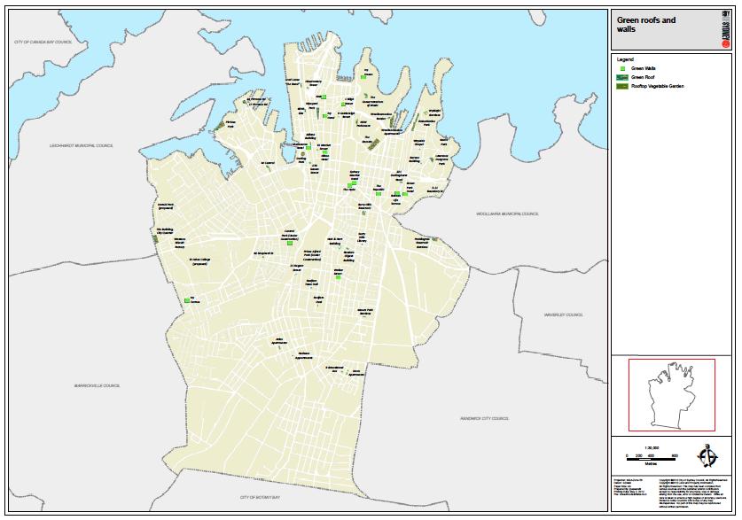 Figure A1.3 shows a map of all the existing Green roofs in the City of Sydney LGA.
