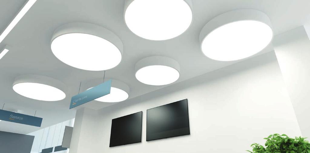 Ceiling and lighting in the Clients zone Ceiling: Decorative-acoustic system ceiling panels. Color: white RAL 9003 Signalweis semi-matt.