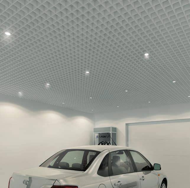 Ceiling and lighting in the zone of new cars handover Option 1. Griliato suspended ceiling in the form of grill.