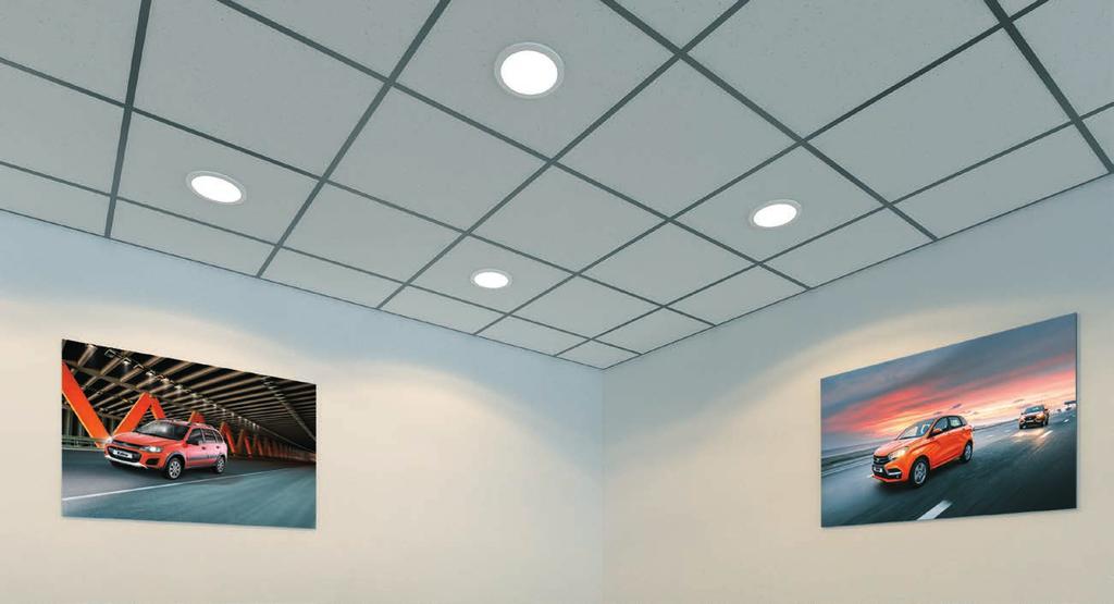 Ceiling and lighting in the office and service rooms of the dealer center Ceiling: Suspended modular ceiling. Color of panels: white RAL 9003 Signalweis semi-matt.