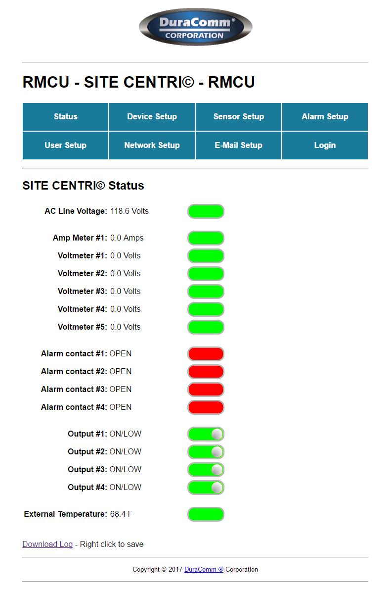 REMOTE MONITORING AND CONTROL STATUS PAGE Status screen This screen shows the status of all analog and digital inputs, as well as digital outputs. A user can also download the Log file from this page.