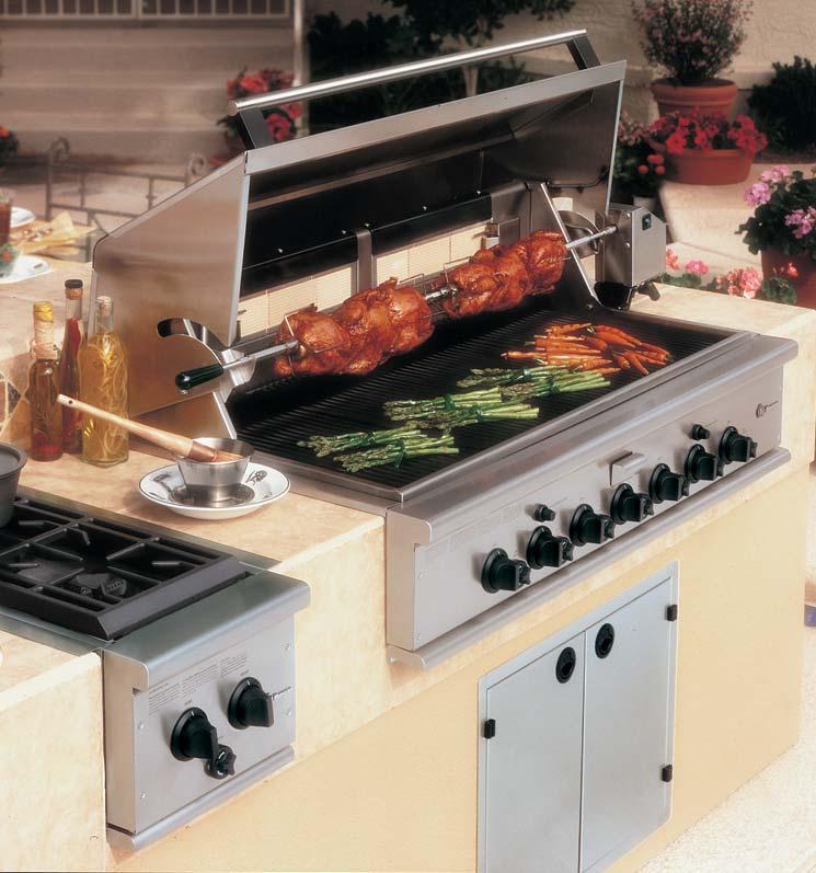 the cooktop grill s portable cart includes an array of conveniences, from condiment bins on doors to large stainless steel shelves. Bottom left.