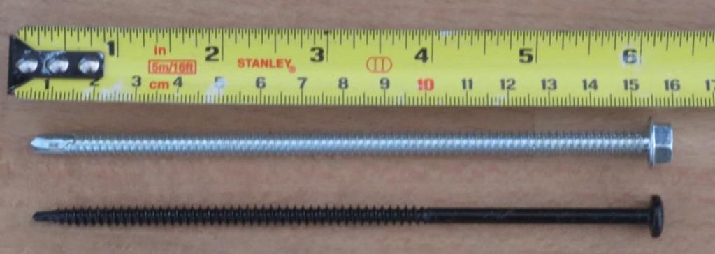 Figure 3 : Fastenal ¼, 6 long, drill-point screw with hex-head and Trufast #12, 6 long drill-point screw with Phillips pan head The Fastenal screw was ¼ diameter, 6 long, continuously threaded,