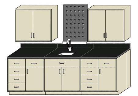 Cabinet grouping includes 3 standing height cabinets with rear filler panels, 2 wall cabinets, phenolic resin worksurface with 4 high backsplash, 16 x 12 x 8 deep epoxy resin sink with outlet,