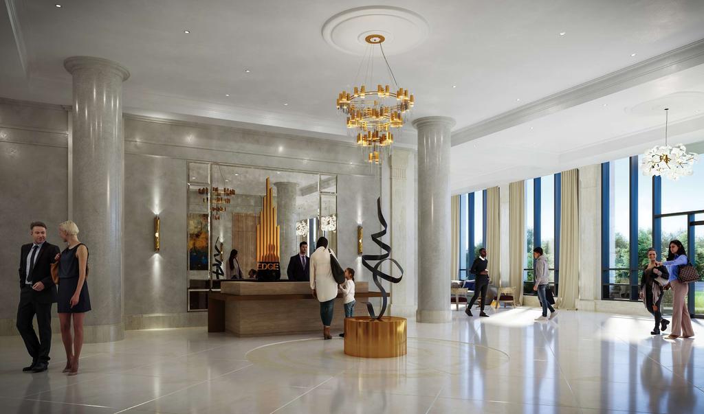 The Lobby with 24-hr Concierge Enjoy the luxuries of clean, white marble floors that reflect the gorgeous lighting of the statement chandelier and natural light pouring through the large windows.
