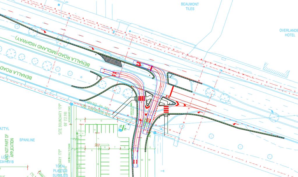 Figure 13: Swept path diagrams (right turn into and left turn out of Bunnings site) It is noted that the intersection design shown above complies with the Planning Permit Conditions specified by