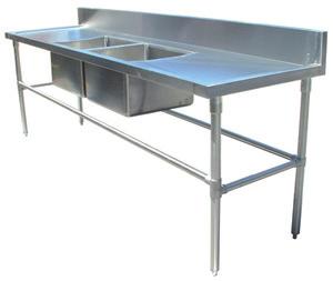 DS-M) 1300mmL x 700mmW x 900mmH 304 Grade commercial quality stainless steel bench with sinks.