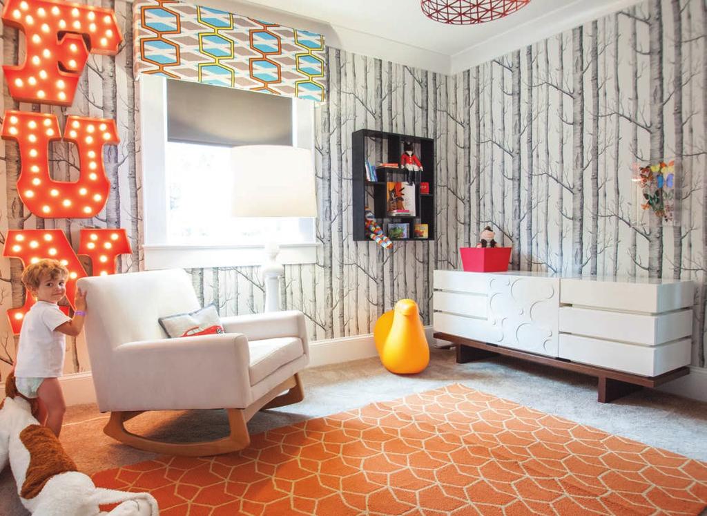 the nursery BETH KEIM, INTERIOR DESIGNER AND OWNER OF LUCY AND COMPANY DESIGN FIRM PHOTOS BY MEKENZIE FRANCE Beth Keim s client loved this birch tree wall paper, so that was where the playful