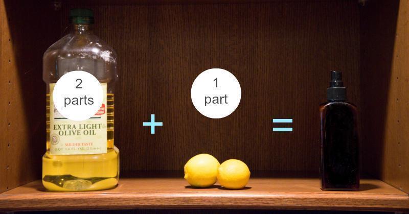 11. Wood Polish This two-ingredient furniture polish employs olive oil for shine and lemon juice to help remove any buildup or stains. Leaving your furniture shiny and lemony-fresh.