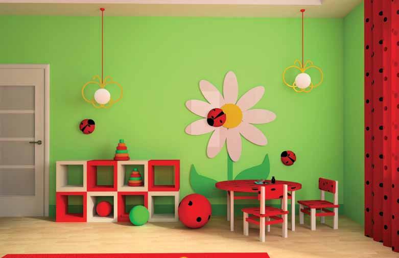 Lady Bug Fun Zone Enhance lady bug themed decor with lime green walls and accents to transform an ordinary playroom into a festive kid s zone Tips for Adding Pizzazz Use a photo room divider with