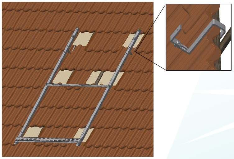 Atmos Heating Systems Assemble the frame as shown: Remove the tiles where the roof hooks are to be located. Place the roof hooks in the valley of the tile and hook behind the roof batten.
