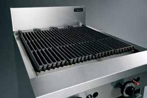 Flame failure protection with continuous pilot burner and piezo ignition Lift out grates, radiants and baffles for cleaning Open cabinet base for extra storage Adjustable front feet and rear rollers