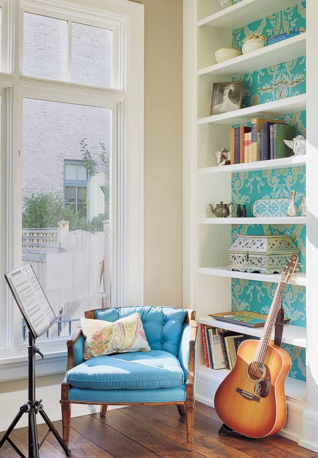 Opposite: For the music room, an antique chair was reupholstered in a vibrant Perennials