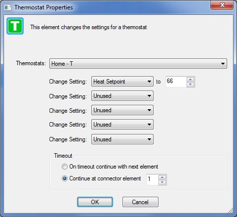the time markers with the T. A popup dialog allows you to select a setpoint and other options. In programs the Thermostat and Thermostat Test elements are used to work with thermostats.