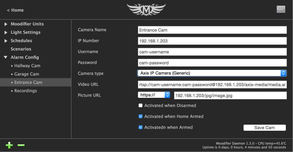 Adding IP-cameras to the Moodifier application Adding an IP-camera to the Moodifier IP-alarm is easy, just select Alarm Config in the main admin menu and click the green + symbol below the main menu.