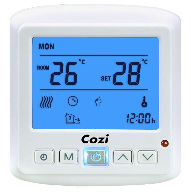 The thermostat can be programmed to automatically maintain the preset floor or room temperature or alternatively can be controlled manually - and provides economic use of electricity by energizing