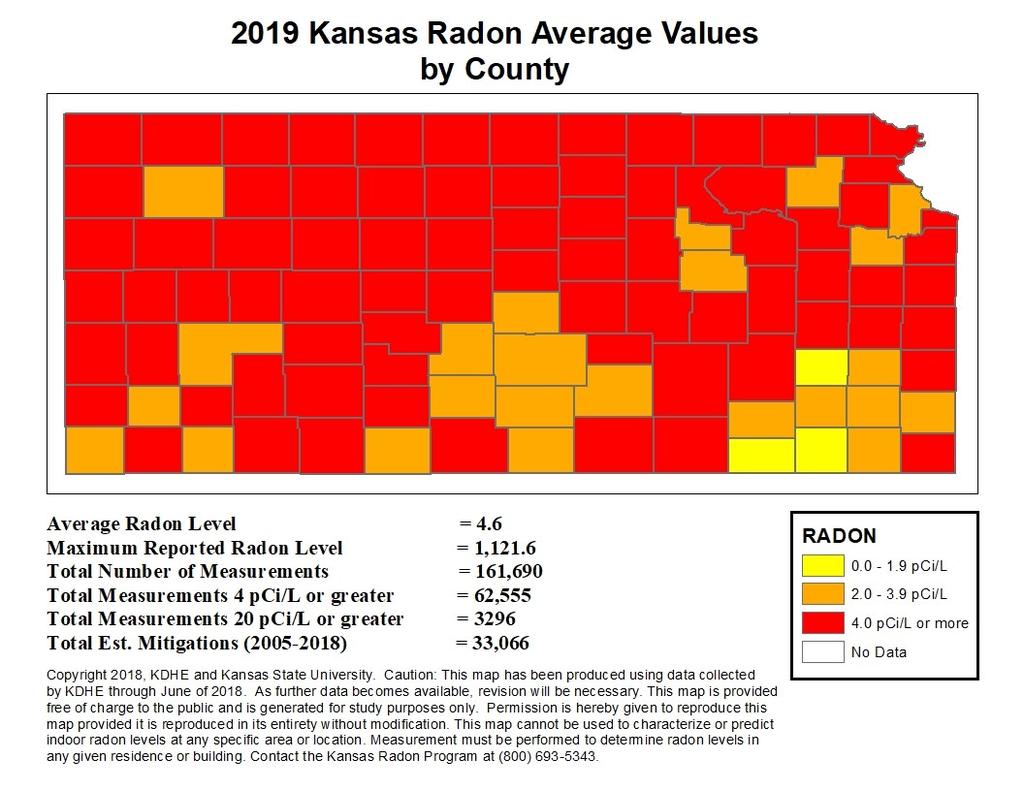 The Kansas Radon Program (KRP) produces, on a semi-annual basis, updated maps documenting radon measurement activity across the state and at the county levels for all counties.