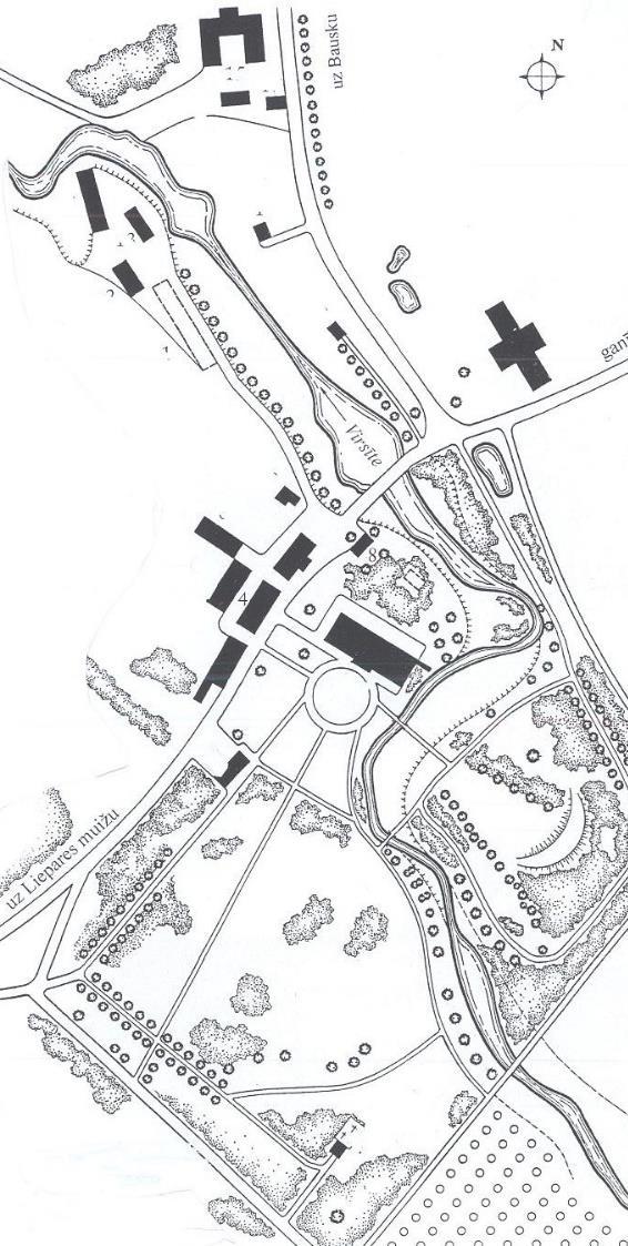 Fig. 7. The park of Svitene Palace. Around 1920 [2] made more intimate and it was associated with the part of the park in the center of which a glade was located on the longitudinal axis.