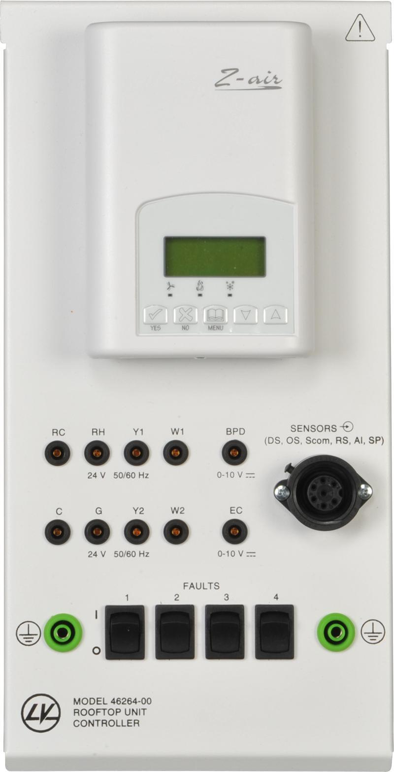 Rooftop Unit Controller 588279 (46264-00) as two ground terminals. The Rooftop Unit Controller is fitted with a typical rooftop unit controller in the module upper section.