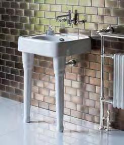 Above top right 600mm basin with ceramic console legs, three tap hole wall-mounted basin mixer taps without pop-up waste in chrome, flip-top