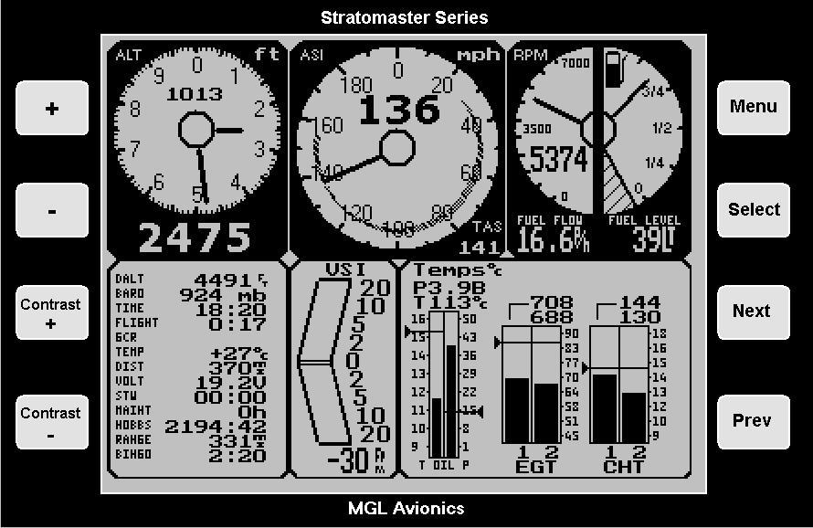 The Stratomaster Ultra A typical setup including Rotax 912 EIS (engine information system) The Stratomaster Ultra L is a digital multifunction instrument designed for use in ultralight, microlight,