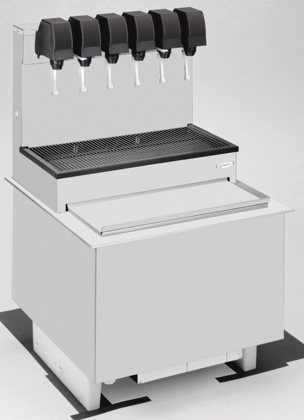 2323 HIGH PERFORMANCE POST-MIX DROP-IN DISPENSER FEATURES Large ice capacity - Ice chest has 80 or 100 lb capacity Options - Available with 5, 6, or 8 valves (8 valve has 2 ambient syrups and 6