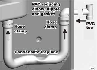 Install condensate line (continued) 1. 2. 3. 4. Connect condensate drain tubing to the ½ PVC tee and run to floor drain or condensate pump (see Figure 73). Use ½ PVC or CPVC pipe; or 5/8 I.D. tubing. Use materials approved by the authority having jurisdiction.