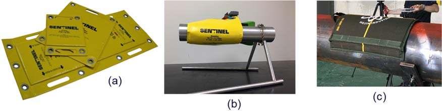 Figure 12: (a) Bismuth impregnated FlexShield silicone sheets of various sizes with grommets and handles for mounting and rigging. (b) FlexShield positioned to back shield the primary beam.