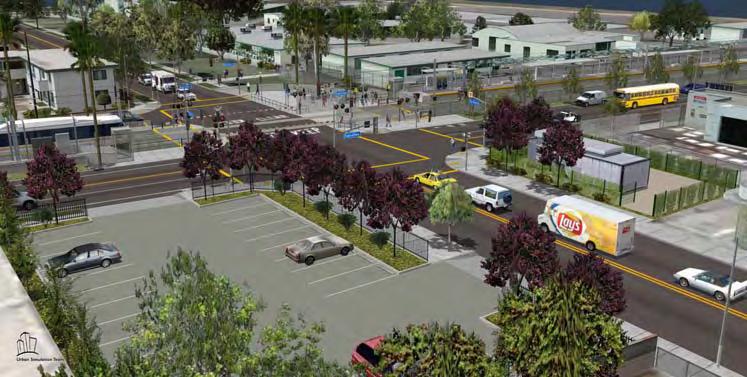 LRT Passenger Station Plan with At-grade Crossing, LAUSD Staff Parking Area, and Dorsey High School in Background, Southwest View Source: Expo Construction Authority 2009.