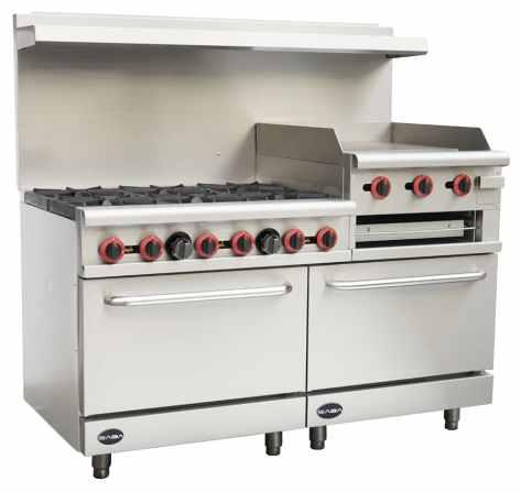 Gas burners with oven GR60-GS24 Fully MIG welded frame for stability Six open top burners, each 30,000 BTU/hr Coved pilot burner cover to prevent clogging from spillage Stainless steel pilot for