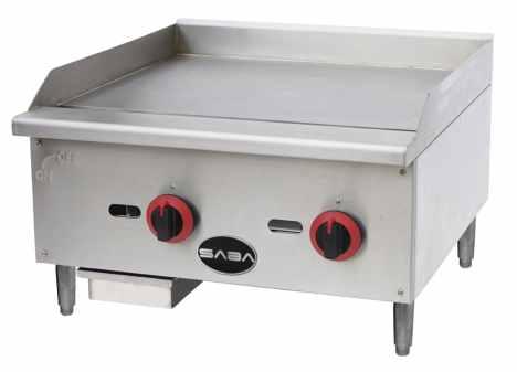 Gas griddle U-shape steel burner, each 30,000 BTU/hr To be controlled every 12 width Standby pilot for easy start Stainless steel adjustable heavy duty legs Large oil collector at the bottom Easy