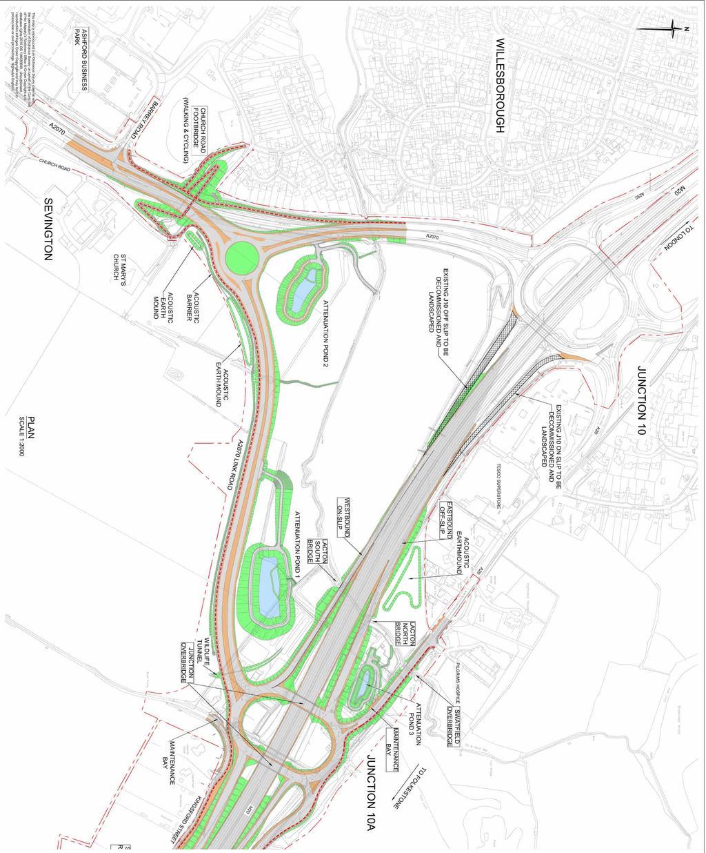 Scheme layout M20 j10a General arrangement drawing Features of the proposed design New interchange junction 700 metres east of junction 10 over the M20.