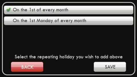 Press SAVE to mark only this day as a non-holiday. If you choose to edit repeating holidays that affect this day, press NEXT and the next screen will appear.