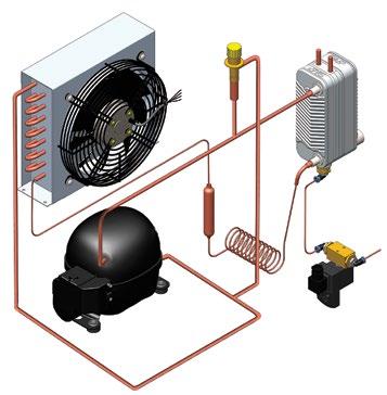 The refrigerant compressor (1) condenses the gaseous refrigerant in the condenser (3), where most of the refrigerant passes into the liquid phase.