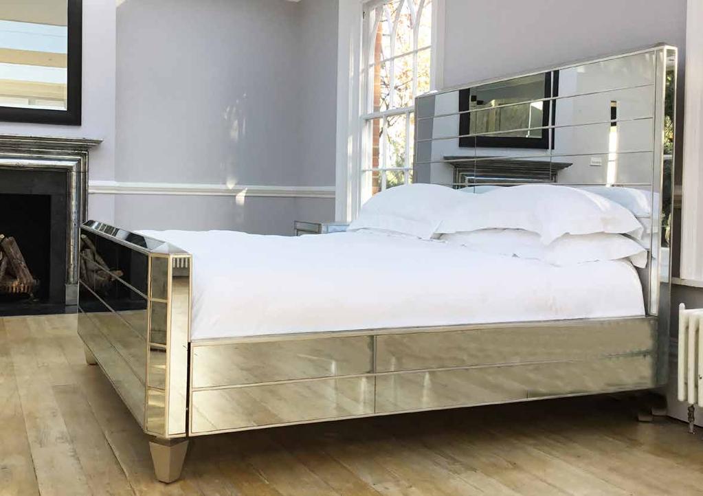 BEL AIR Another of our unique one-off bedframes, Bel Air, named after the famous district of Los Angeles, features long panels of mirrored glass, with silver leafed wood trim