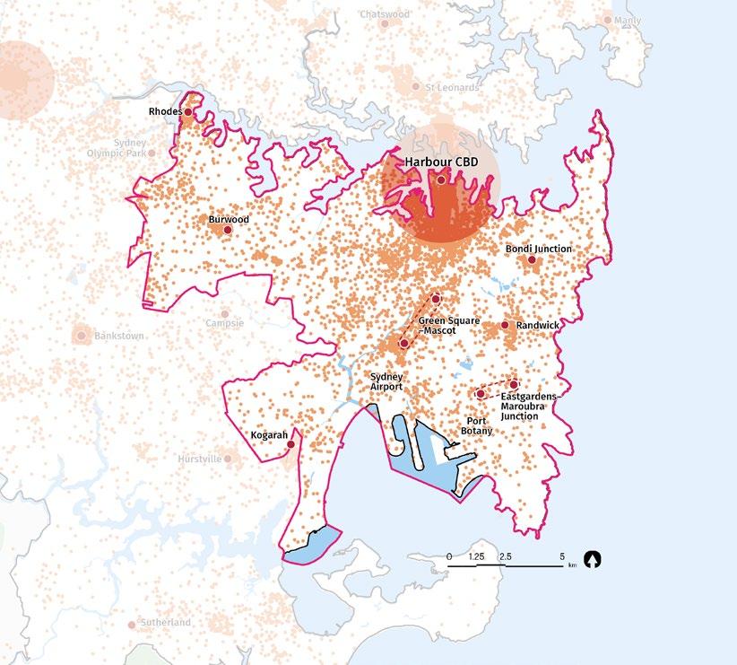 56 Productivity Figure 15: Eastern City District job density District Boundary Metropolitan Centre Strategic Centre 1 dot = 100 Jobs Source: Greater Sydney Commission, 2016 Productivity Profile The