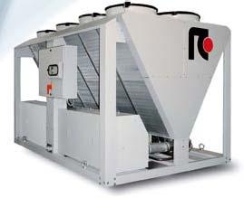 Liquid chiller with A-Class Energy Efficiency (EER > 3,1) equipped with screw compressors and axial fans.