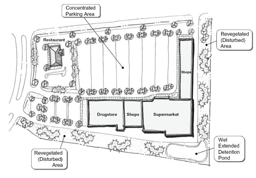 Figure 3-7: Parking Lot Layout Using LID Techniques (Georgia Stormwater Manual, 2001) The LID design leaves undisturbed buffers of native vegetation, incorporates