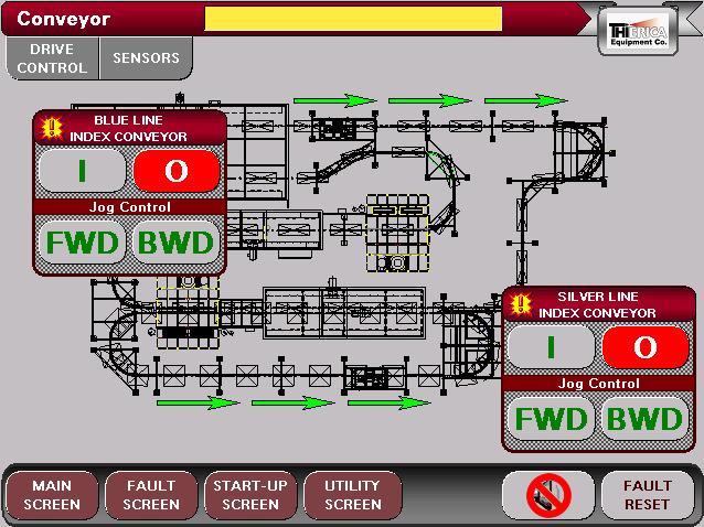 CONVEYOR >> DRIVE CONTROL 1. The are accessed from this screen. 2. The and starts with the drive control. 3. The start/stop control is by the buttons.