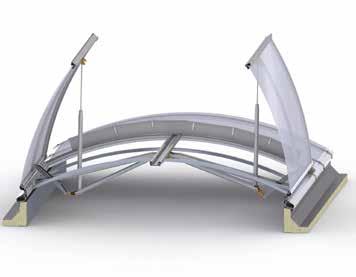 The CI System Smoke Lift B can be integrated into the continuous rooflight structure in a double or single flap design in numerous combinations