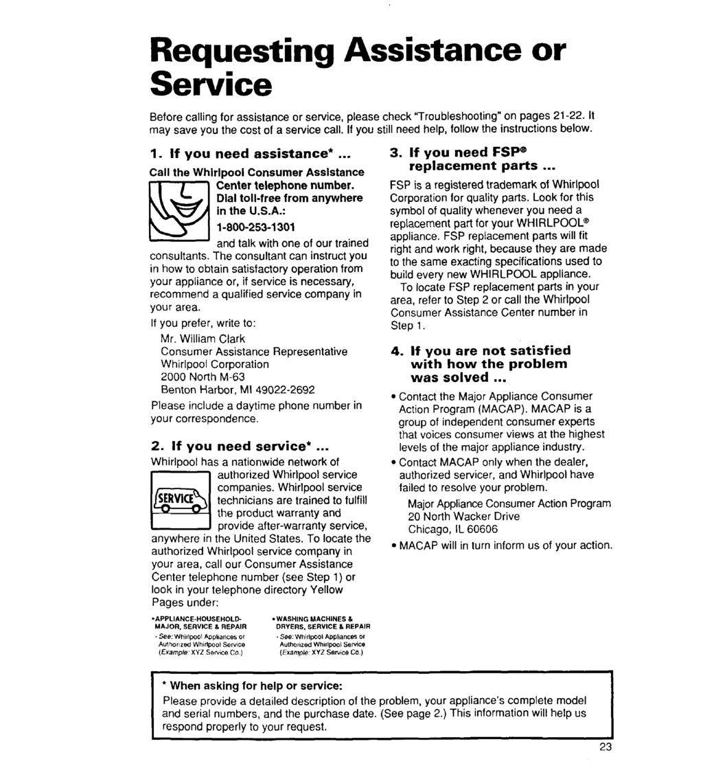 Requesting Assistance or Service Before calling for assistance or service, please check "Troubleshooting" on pages 21-22. It may save you the cost of a service call.