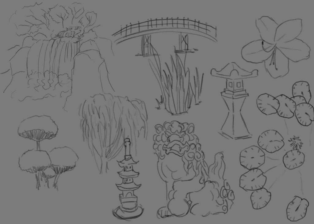 Thumbnails Here are sketches of waterfalls and statues, lily pads, vegetation, bridge and lanterns.