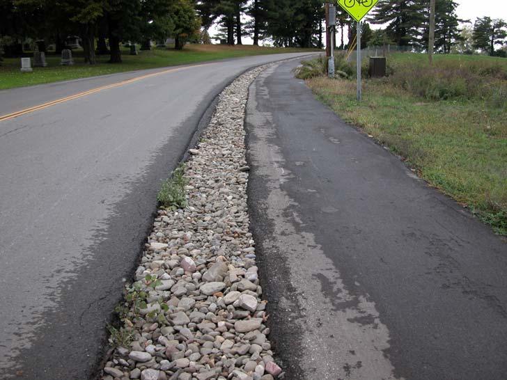 Pros and cons of using rocks: Pros: reduces velocities, non-erosive, some filtering Cons: expensive,