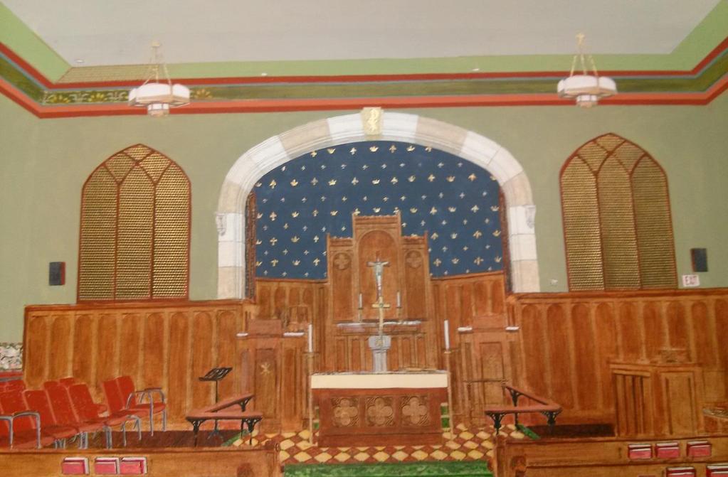 ~ The Designer s Initial Rendering ~ Please note the deep-blue apse with the gold-stenciled symbols, the marble surface and gold accents on the Altar, Pulpit & Lectern, and the inlaid Marble Floor at
