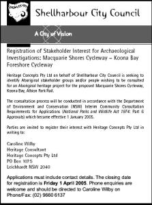 proposal (including site location maps) and inviting stakeholder participation in the assessment of Aboriginal heritage values within the study area.
