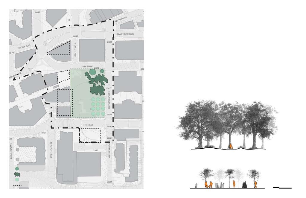 OPEN SPACE PROGRAM: VARIETY IN LANDSCAPE CREATES DIFFERENT EXPERIENCE Differentiates shaded space on adjacent buildings (I.E. jail vs court) Options for canopy/ tree types Opportunity for varied