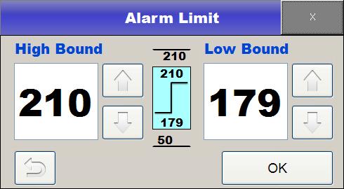 Alarm limit Touch Alarm Limit section within FHR setting menu to set the alarm range of FHR. Set by either entering numbers or touching arrow keys.