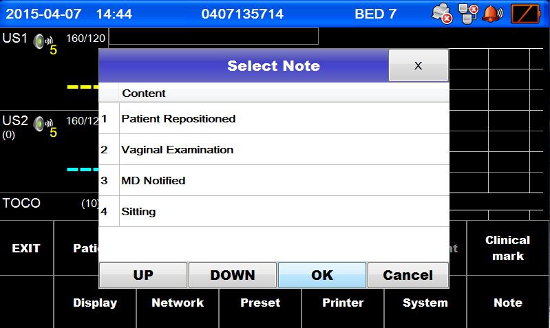 Entering Note When Clinical Mark key is long pressed, Note screen will be printed. Press OK after selecting related item from the list, and Trace and Real time Note will be printed.