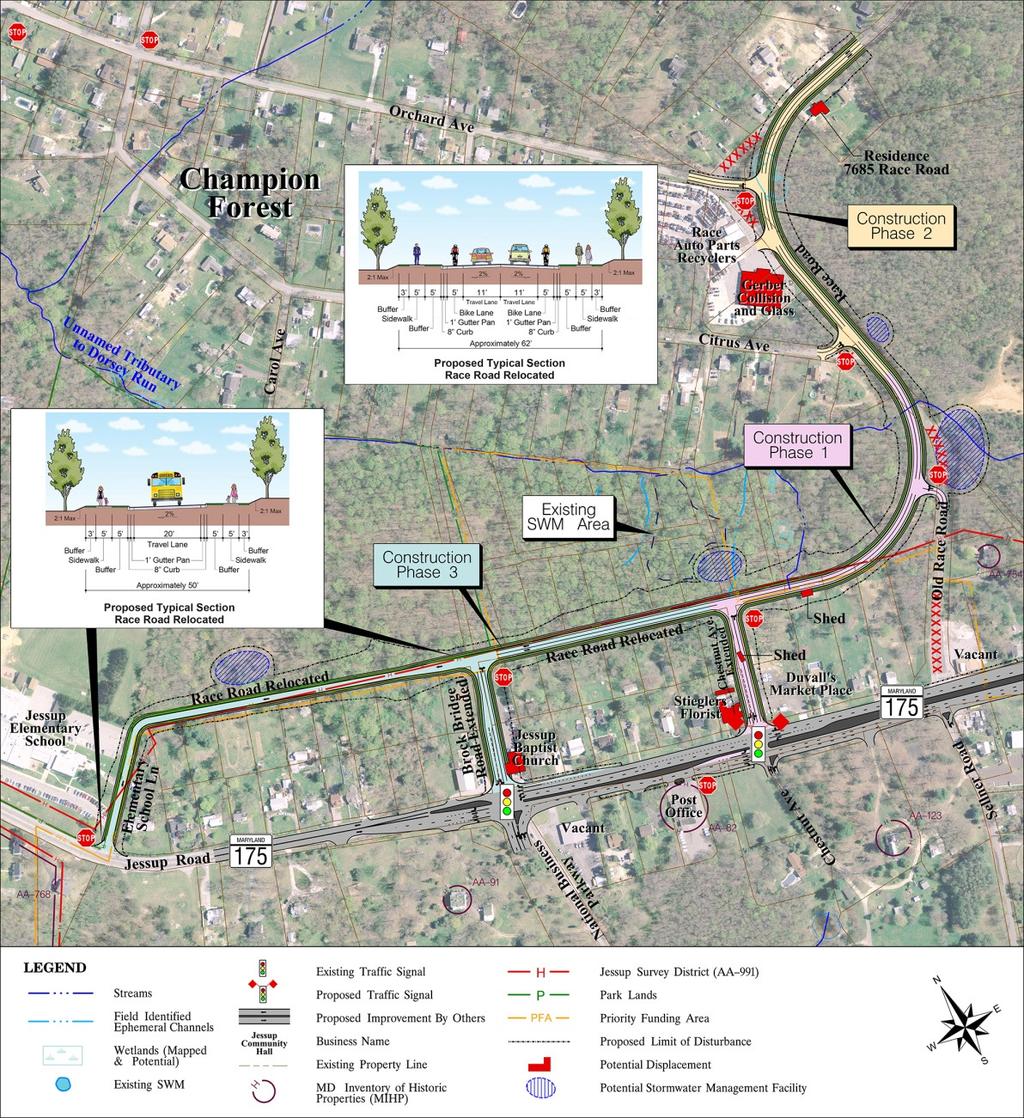 Alternative 2 Alternative 2, shown below, includes the relocation of Race Road and implementation of Jessup Village paper roads.
