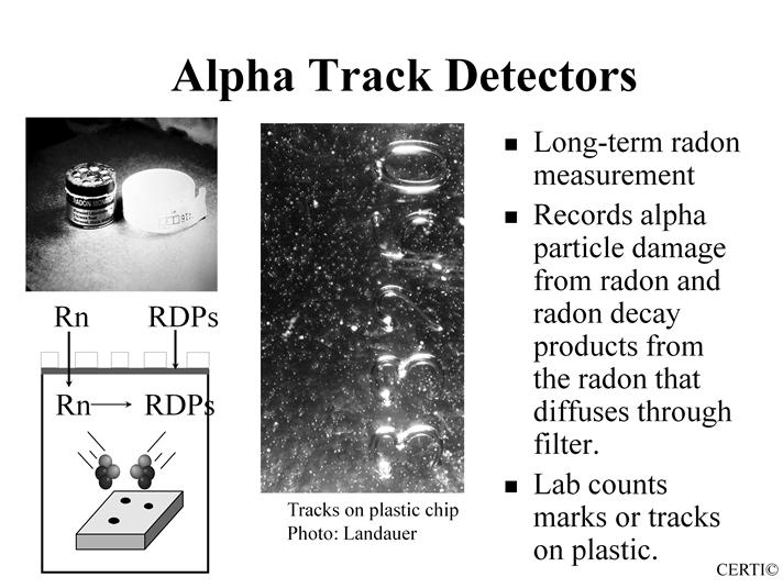 Topic 5 - Audio 64 Alpha Track Detectors Device Samples: Results: Sampling times: Alpha Track Detector (ATD) Radon pci/l 91 days to year (Long-term) Number for real estate test: 1 Used commonly for